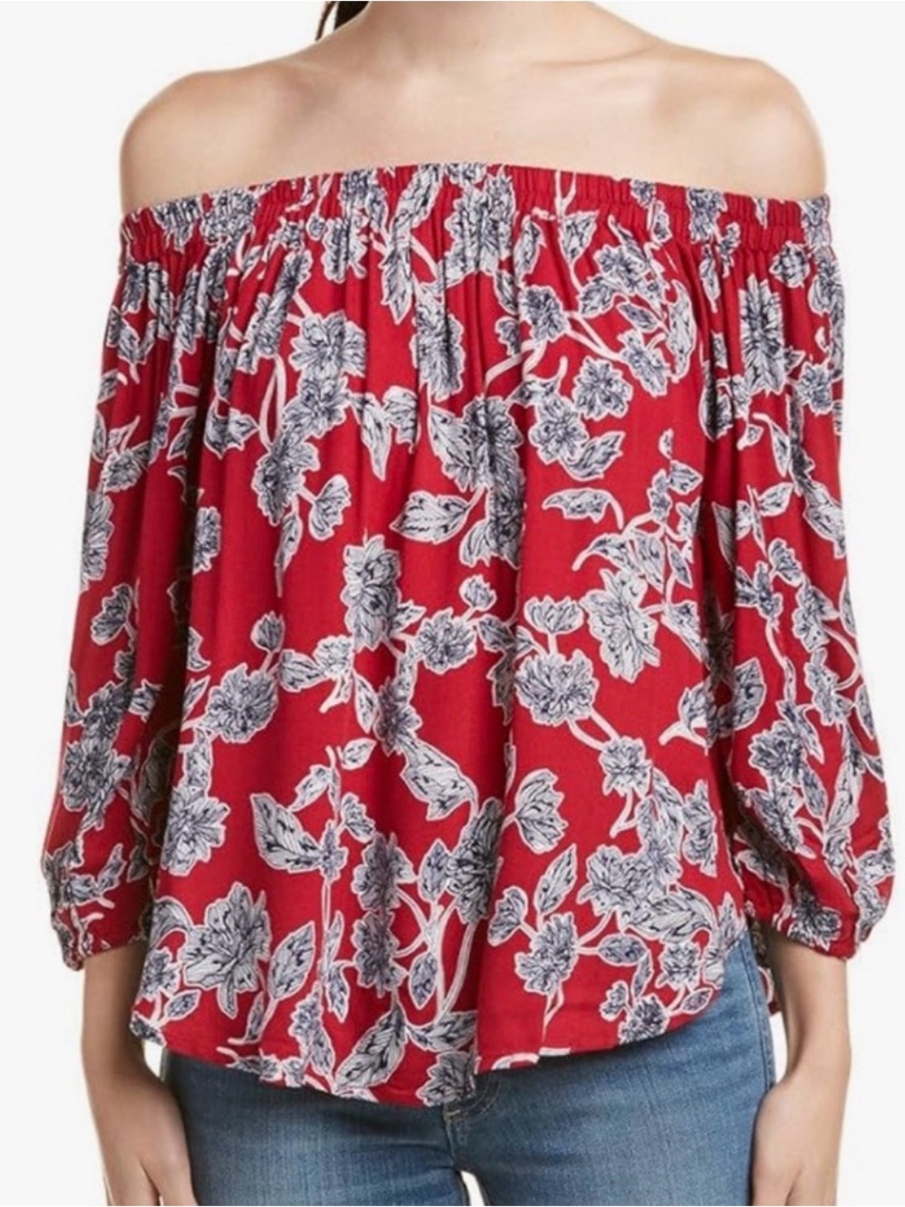 #437 SPLENDID Red Off-Shoulder Floral Blouse M